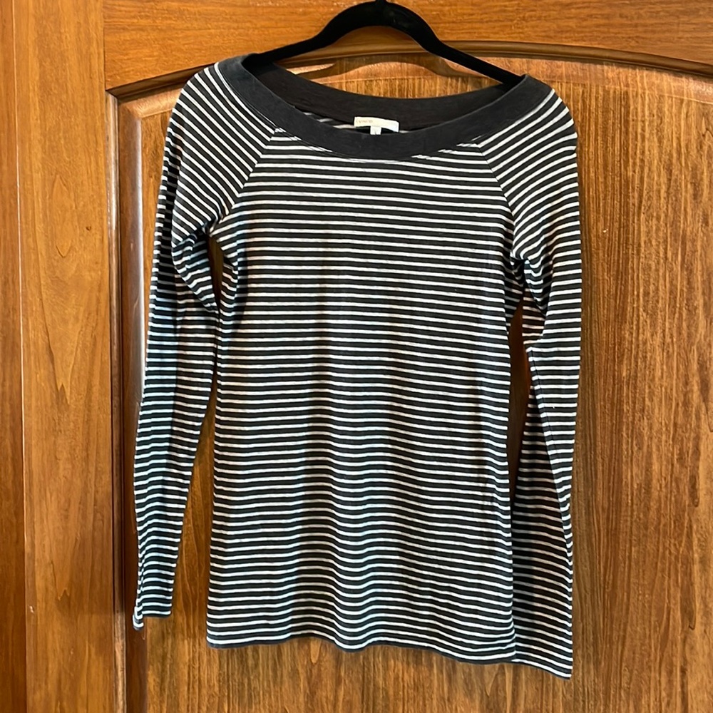 Vince Striped Boatneck Scoop Cotton Spandex Long Sleeve Top Gray & Light Gray S